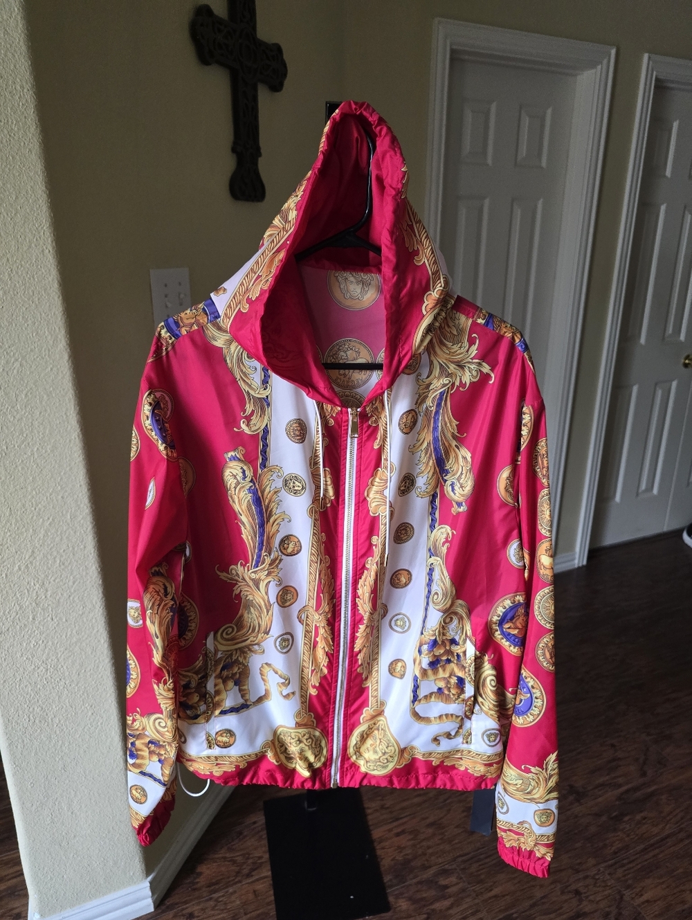 Versace Baroque Print Red & White Zip Hoodie Size L NWT